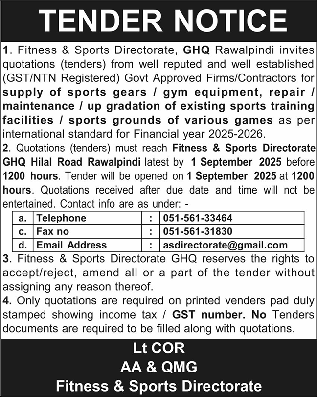 GHQ Rawalpindi Tender Notice